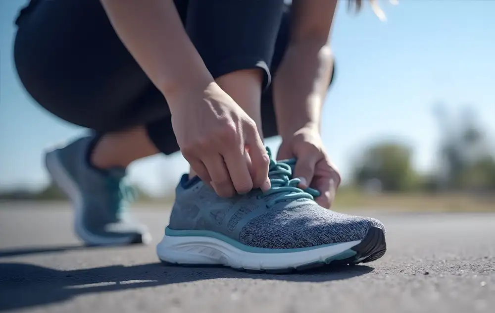 an image of a person tying their running shoes on a road
